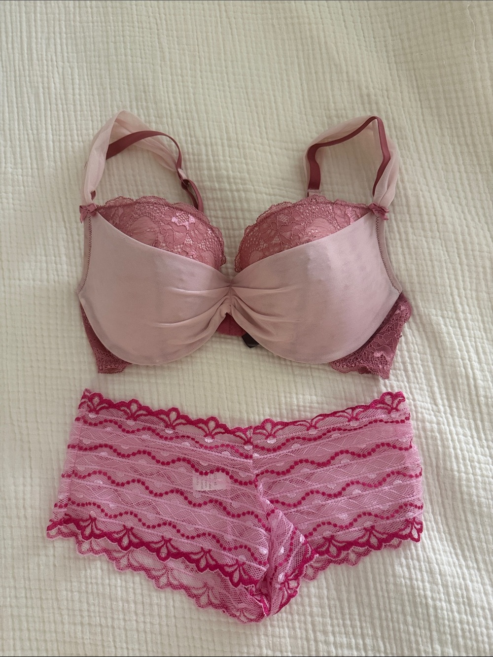 Fairy Dusty Rose Lace Underwire Bra by Adore Me and Pink Lace Boyshorts